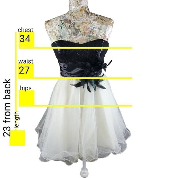 Formal Black & White Strapless Sequin Fluffy Sweetheart Mini Cocktail Dress - Picture 4 of 14